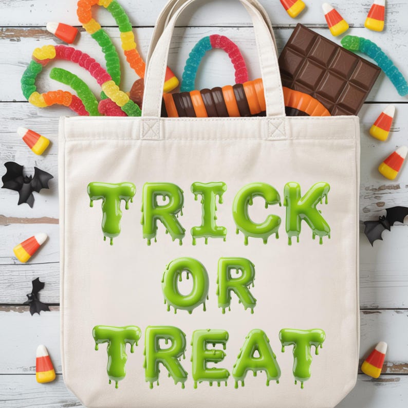 May include: A cream tote bag with the words "TRICK OR TREAT" in dripping green letters. The bag is filled with colourful sweets, including gummy worms, candy corn, and a chocolate bar. Black bat decorations are scattered around the bag.