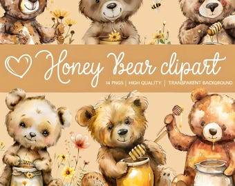 Honey Bear Clipart: Watercolor Teddy Bear PNG, Nursery Art (Digital Download)
