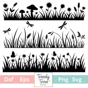 May include: Black silhouette designs of grass, flowers, mushrooms, dragonflies, and butterflies. The image is divided into three horizontal sections. The bottom right corner has the text "Png Svg". The bottom left corner has the text "Dxf Eps".