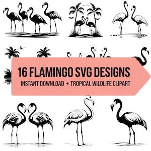 Flamingo SVG Bundle, 16 Tropical Bird Silhouettes, Wildlife Cut Files for Silhouette, Beach Clipart, Summer Decor Digital Download