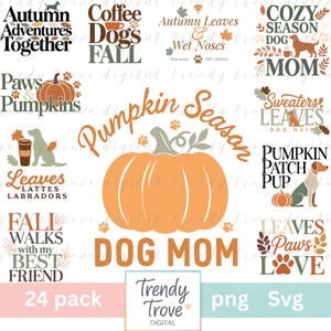 Może przedstawiać: Cyfrowa kolekcja 24 grafik o tematyce jesiennej z dyniami, psami i jesiennymi liśćmi. Tekst zawiera frazy takie jak Autumn Adventures Together, Coffee Dogs Fall, Pumpkin Season Dog Mom, Paws & Pumpkins oraz Leaves Lattes Labradors.