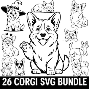May include: A digital collection of 26 black and white Corgi SVG images. The illustrations show various Corgi designs, including a Corgi with a witch's hat, sunglasses, and a Santa hat. The text "26 CORGI SVG BUNDLE" is at the bottom.
