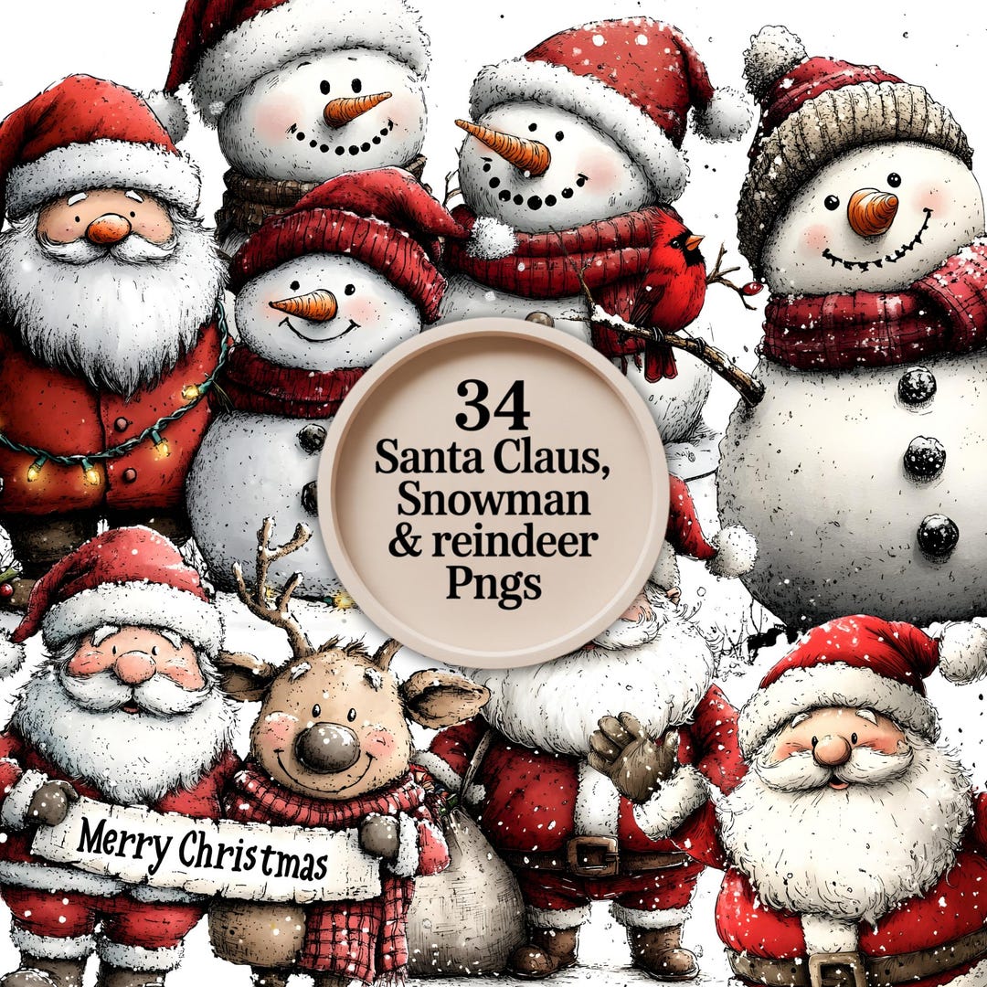 Christmas Clipart PNG Bundle – Santa, Snowman, Reindeer (digital ...