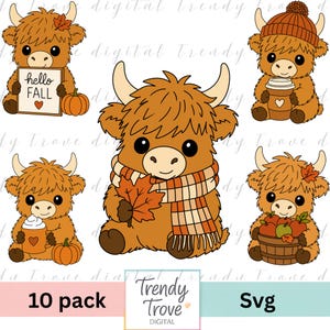 May include: A collection of five cartoon Highland cow illustrations. One holds a sign reading hello FALL with a pumpkin, one wears a beanie with a coffee cup, one holds a mug with whipped cream, one wears a plaid scarf with a leaf, and one holds a basket of apples.