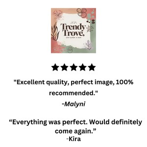 May include: Five star review for Trendy Trove, an Etsy clipart shop. The review reads "Excellent quality, perfect image, 100% recommended." -Malyni and "Everything was perfect. Would definitely come again." -Kira.