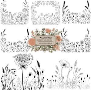 Wildflower rand SVG-bundel, bloemen frame gesneden bestanden voor Cricut, laser, botanische lijntekeningen SVG's voor bekers, borden, mokken en gravure