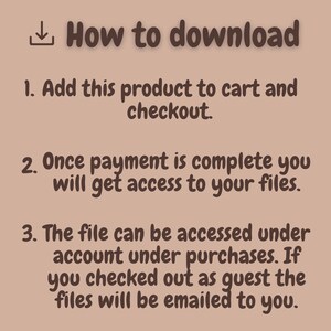 Puede incluir: Una imagen de texto con instrucciones sobre c&oacute;mo descargar un producto digital. Las instrucciones indican que despu&eacute;s de comprar el producto, los archivos estar&aacute;n disponibles para descargar o se enviar&aacute;n por correo electr&oacute;nico al comprador.
