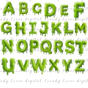 May include: A complete alphabet of green, glossy letters with a dripping slime effect. The letters are in a bold, rounded font, with each letter individually rendered. The background is white, with the words "Trendy Trove Digital" repeated.