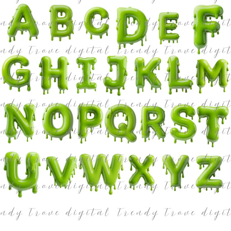 May include: A complete alphabet of green, glossy letters with a dripping slime effect. The letters are in a bold, rounded font, with each letter individually rendered. The background is white, with the words "Trendy Trove Digital" repeated.