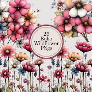 Puede incluir: Imagen digital con flores silvestres estilo acuarela en tonos rosa, naranja, blanco y azul. La imagen incluye el texto "26 Boho Wildflower PNGs" en un dise&ntilde;o circular, ideal para proyectos de arte digital y dise&ntilde;os creativos.