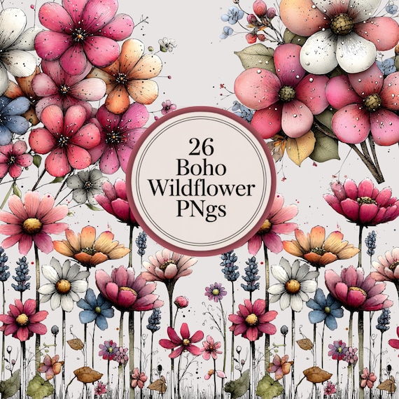 Boho Wildflower PNG Bundle • Pastel Floral Clipart Set • 26 Botanical PNGs