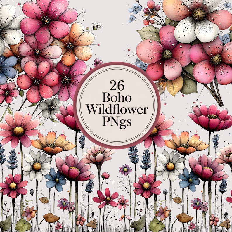 Puede incluir: Imagen digital con flores silvestres estilo acuarela en tonos rosa, naranja, blanco y azul. La imagen incluye el texto "26 Boho Wildflower PNGs" en un dise&ntilde;o circular, ideal para proyectos de arte digital y dise&ntilde;os creativos.