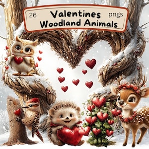 Imágenes prediseñadas de animales del bosque para San Valentín, lindas criaturas del bosque, amor invernal, vida salvaje romántica, animales con forma de corazón, pegatinas digitales, sublimación