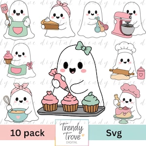 May include: A collection of ten digital illustrations featuring white ghosts engaged in baking activities, including using a pink stand mixer, rolling dough, frosting cupcakes, and holding kitchen utensils like whisks and measuring spoons.