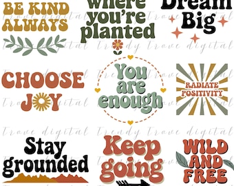Boho Retro Inspirational Quote SVG Bundle: Positive Vibes, Mental Health (Digital Download)