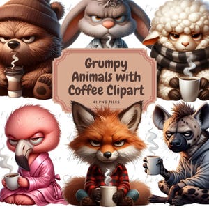 Watercolor Funny Grumpy Animals Collection Clipart, 41 PNG Funny Grumpy Safari Animals, Cartoon Pet Prints Bundle, Grumpy Coffee Animals