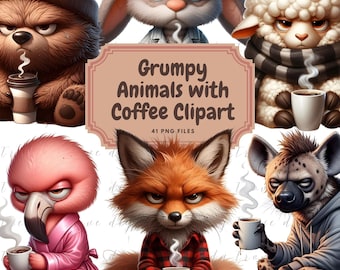 May include: A set of 41 digital clipart images featuring grumpy animals with coffee mugs. The animals include a bear, rabbit, sheep, flamingo, fox, and hyena. The images are in a cartoon style and are perfect for adding a touch of humor to your projects.