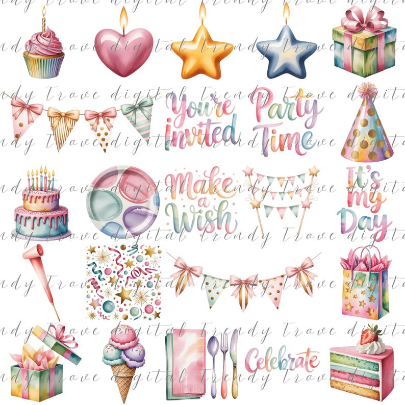 Pastel Birthday Clipart Bundle – 62 Party PNG Graphics (digital ...