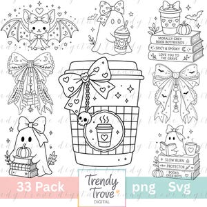 May include: A collection of black and white line art illustrations featuring a bat with a bow, ghosts with pumpkins and books, stacks of books labeled Morally Grey Book Boyfriends, Spicy & Spooky, Love You To The Grave, Slow Burn, Protector, Books Over Boys, and coffee cups with bows.