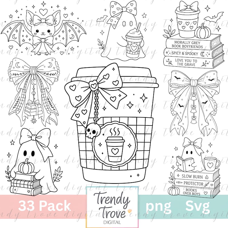 May include: A collection of black and white line art illustrations featuring a bat with a bow, ghosts with pumpkins and books, stacks of books labeled Morally Grey Book Boyfriends, Spicy & Spooky, Love You To The Grave, Slow Burn, Protector, Books Over Boys, and coffee cups with bows.