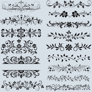 May include: A set of 12 black and white floral design elements. The designs are intricate and feature swirls, leaves, and flowers. These designs can be used for borders, dividers, or other decorative purposes.
