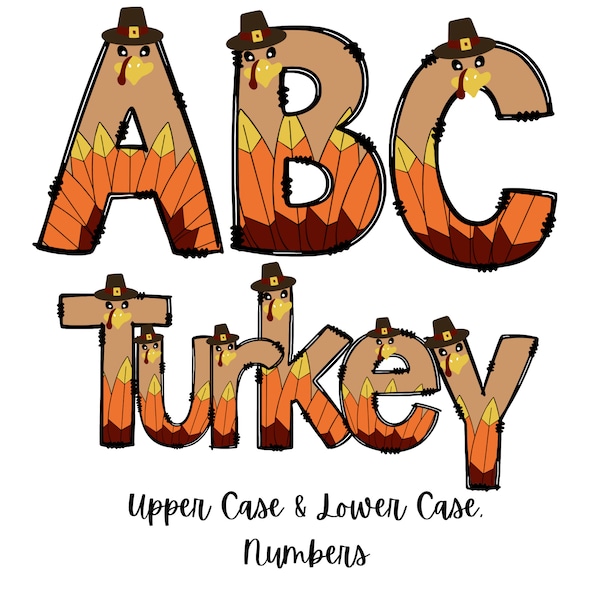 Thanksgiving Turkey Doodle Letters Font, Uppercase and Lowercase, PNG Files, Instant Download