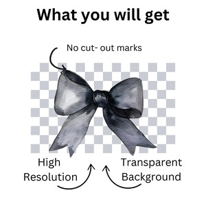 May include: A watercolor illustration of a black bow with a transparent background. The bow is isolated on a checkered background. No cut-out marks are visible.