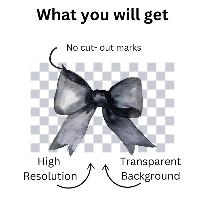 May include: A watercolor illustration of a black bow with a transparent background. The bow is isolated on a checkered background. No cut-out marks are visible.