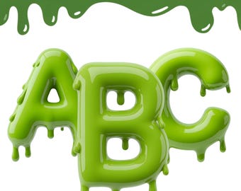 Puede incluir: Clipart de alfabeto de slime verde con las letras A, B y C. Las letras son brillantes y gotean, con un efecto 3D. El texto "SLIME ALPHABET CLIPART - PNG FILES - INSTANT DOWNLOAD" está en la parte superior.