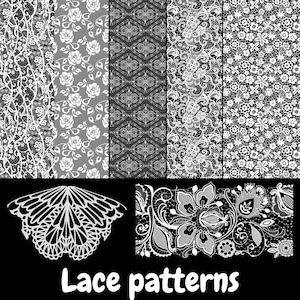 Może przedstawiać: Kolekcja czarno-białych wzorów koronek. Obraz przedstawia różne wzory, w tym motywy kwiatowe, geometryczne i abstrakcyjne. Widoczny jest również wzór koronki w kształcie motyla i kwiatowa bordiura z koronki. Tekst "Lace patterns" znajduje się na dole.