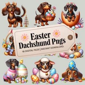 Teckel de Pâques PNG, Clipart chien de Pâques mignon, Sublimation de chiot de printemps, teckel avec des oeufs, téléchargement numérique de lapin de chien