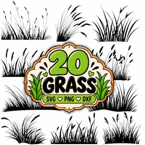 May include: A collection of black silhouettes of various grass types and wheat stalks arranged around a central decorative label. The label features the green text 20 GRASS and the black text SVG PNG DXF with small green heart icons.