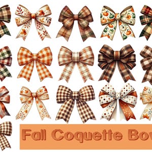 Op de afbeelding: Een set van 12 herfstthema-bogen in verschillende patronen, waaronder ruit, stippen en bloemenmotieven. De bogen zijn in tinten bruin, oranje en wit. De tekst "Fall Coquette Bows" wordt onderaan de afbeelding weergegeven.