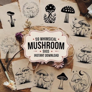 Mega Bundle SVG champignon, 59 fichiers Clipart champignons bohèmes, fichiers SVG de champignon vénéneux Cottagecore, dessins de forêt magique, champignon sorcière pour Cricut