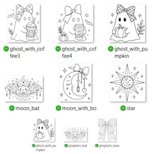 May include: A collection of black and white line art illustrations featuring ghosts with bows holding coffee cups or pumpkins, a bat with wings, a crescent moon with a bow and hanging charms, a star, and a separate large gingham patterned bow.