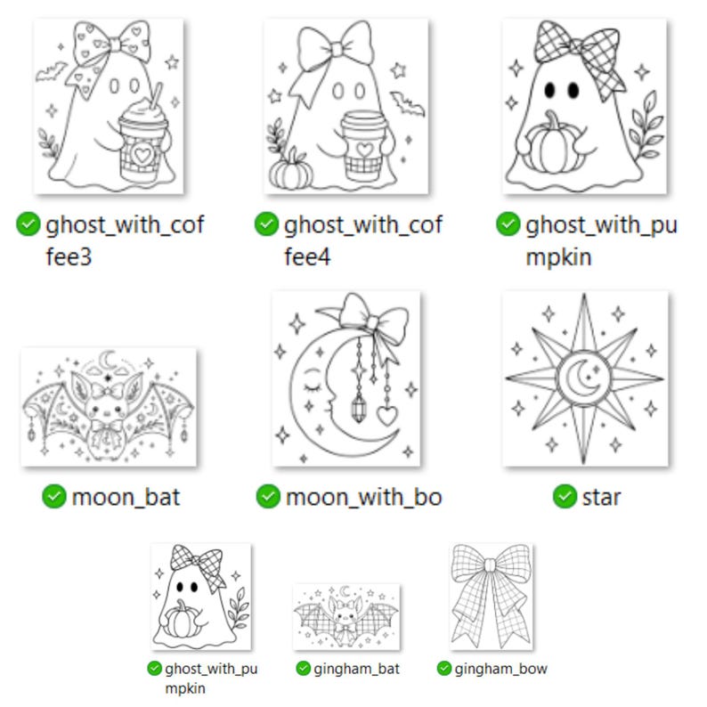 May include: A collection of black and white line art illustrations featuring ghosts with bows holding coffee cups or pumpkins, a bat with wings, a crescent moon with a bow and hanging charms, a star, and a separate large gingham patterned bow.