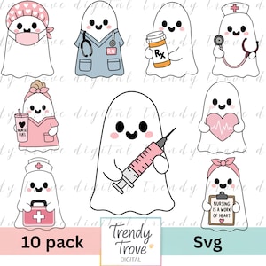 May include: A collection of ten cartoon ghost illustrations themed around nursing and healthcare. The ghosts are depicted wearing scrubs, nurse caps, and holding medical items like a stethoscope, a syringe, a pill bottle, and a clipboard with the text Nursing is a work of heart.