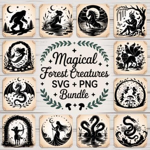Könnte beinhalten: Eine Sammlung von Schwarz-Weiß-Illustrationen von mythischen Waldkreaturen, darunter ein Bigfoot, eine Meerjungfrau, ein Drache und ein Zentaur. Der Text "Magical Forest Creatures SVG + PNG Bundle" ist in der Mitte abgebildet, umgeben von einem Kranz.