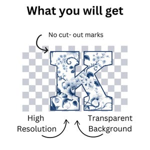 Puede incluir: Una imagen de alta resoluci&oacute;n de la letra K, con un patr&oacute;n floral azul y blanco, sobre un fondo transparente. La imagen no tiene marcas de corte.