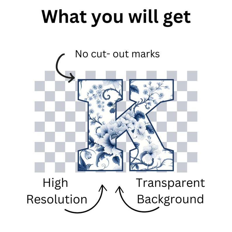 Puede incluir: Una imagen de alta resoluci&oacute;n de la letra K, con un patr&oacute;n floral azul y blanco, sobre un fondo transparente. La imagen no tiene marcas de corte.