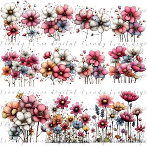 Puede incluir: Arreglos florales en acuarela en tonos rosa, blanco, naranja y azul. La imagen presenta varios tipos de flores, incluyendo margaritas y cosmos, con delicados tallos y hojas. El texto "Trendy Trove Digital" es visible.