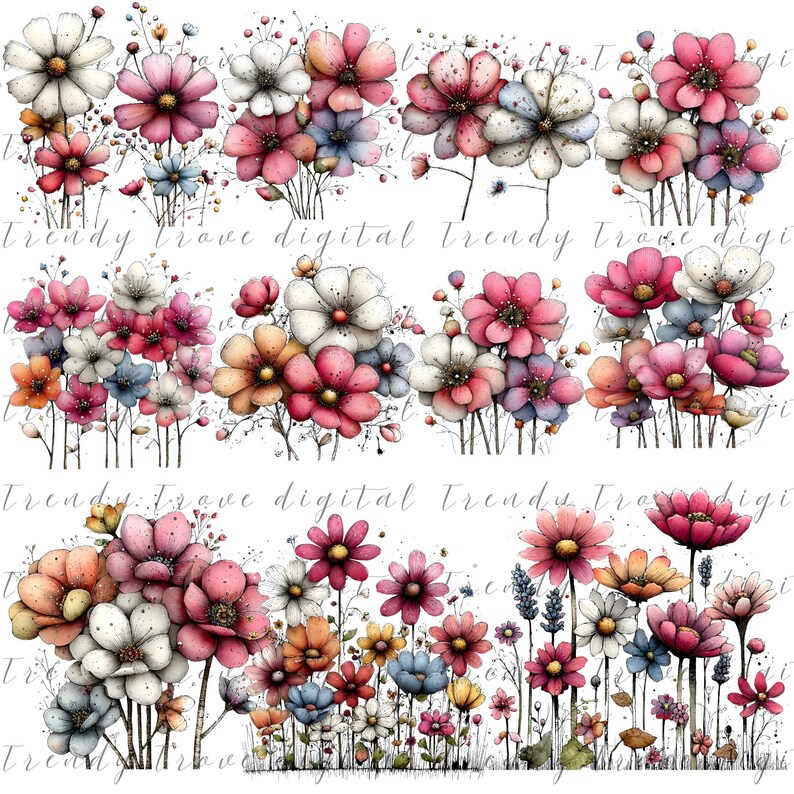 Puede incluir: Arreglos florales en acuarela en tonos rosa, blanco, naranja y azul. La imagen presenta varios tipos de flores, incluyendo margaritas y cosmos, con delicados tallos y hojas. El texto "Trendy Trove Digital" es visible.