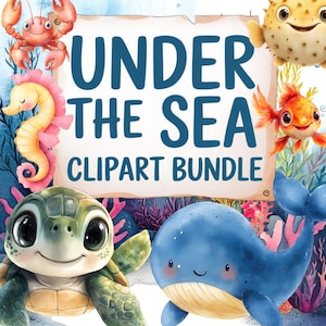 Sous la mer PNG Bundle Clipart mignon animal marin, créatures de l'océan, aquarelle vie marine, dauphin, tortue, poisson-clown, sublimation, autocollants