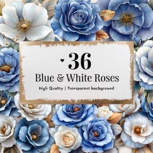 Blue rose clipart, watercolor floral, white and blue roses, wedding flower clipart, botanical illustration, floral bouquet, flower graphics
