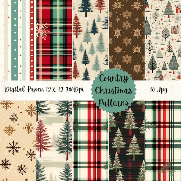 Country Christmas Digital Paper Pack - 10 JPG Patterns in 1 PDF - 300 DPI - Commercial Use Approved