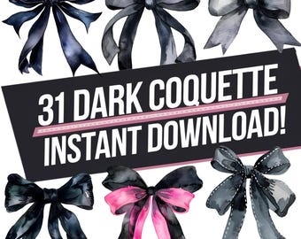 Dark Watercolor Bow Clipart: Coquette Gothic Ribbon PNG Bundle (Instant Download)