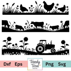 Farm Scene Border SVG Bundle: Tractor, Cow, Chicken Grass Landscape Cut Files