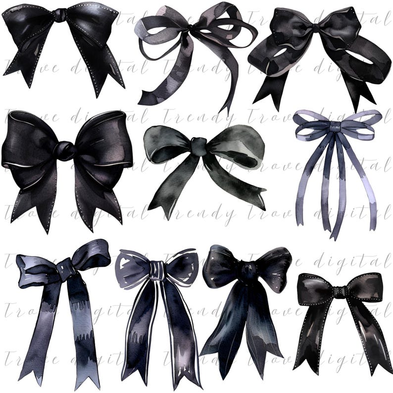 May include: A set of ten watercolor illustrations of black bows. The bows are painted in a variety of styles and sizes, with some having a more realistic look and others being more stylized.