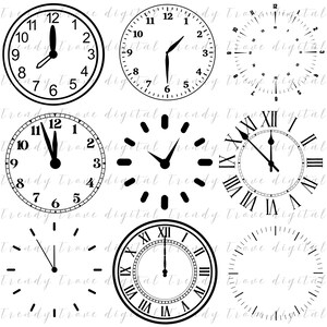 May include: Set of nine black and white clock face illustrations. The clocks feature different styles, including Roman numeral and Arabic numeral clock faces. Some clocks have hands, while others do not.