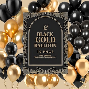 Schwarz und Gold Ballons Clipart, Partydekoration PNG, elegantes Ballon-Bundle, Geburtstag Clipart, Hochzeit Ballons, transparenter Hintergrund